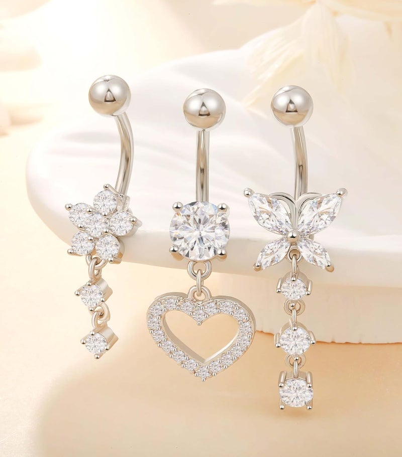 Leocuci Store Surgical Stainless Steel Dangle Belly Button Rings for Women Belly Ring Dangling Piercing Jewelry with Heart Flower Butterfly14G - Image 2